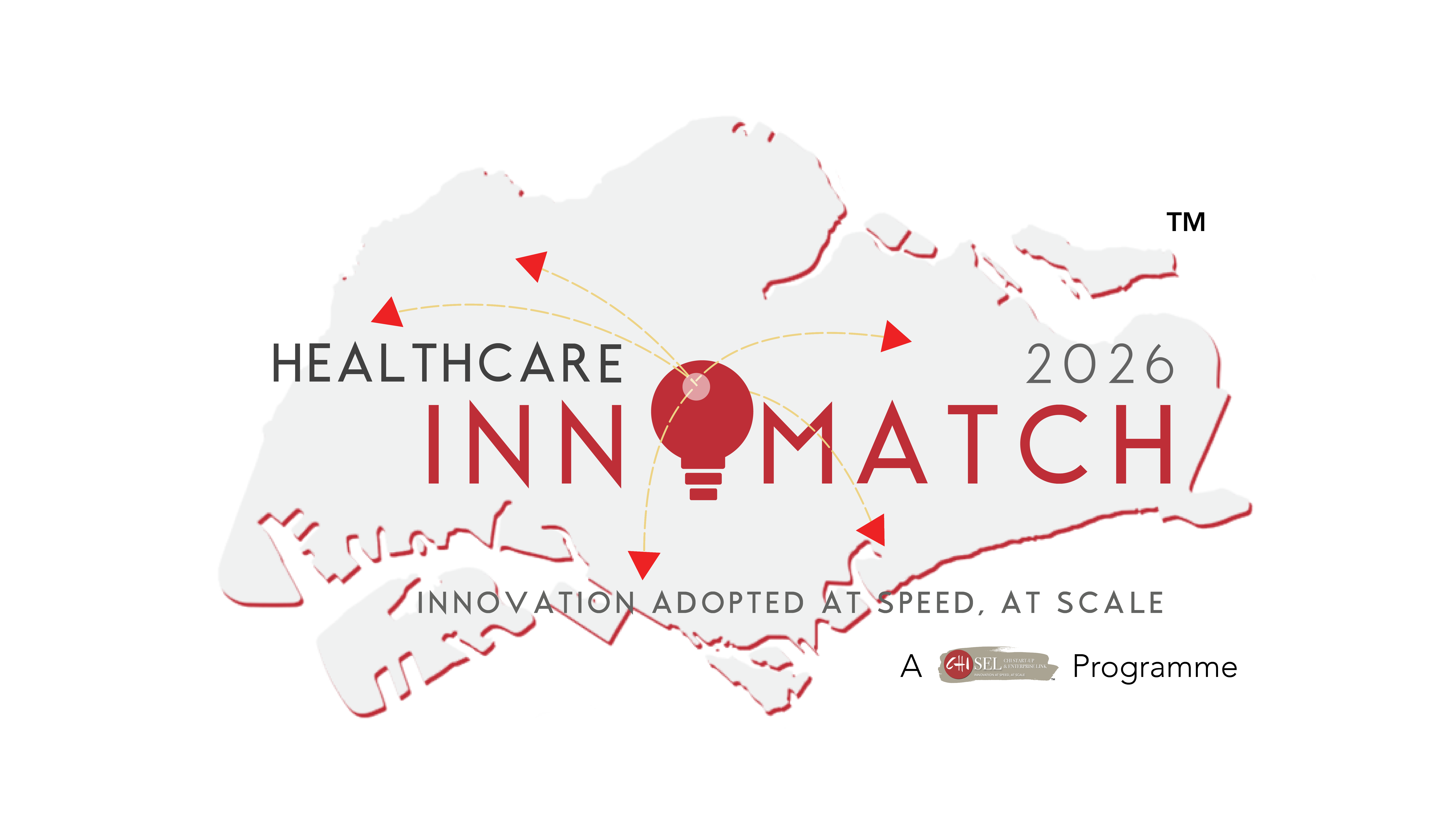 A map, with "Healthcare INNOMATCH 2026" and "Innovation adopted at speed, at scale" text, and arrows pointing outward.